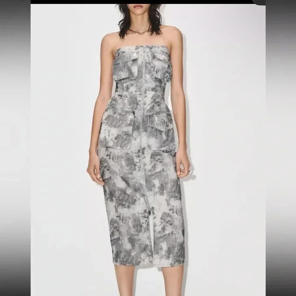 Zara Printed Grey Camouflage Strapless Cargo Midi Dress Size Medium